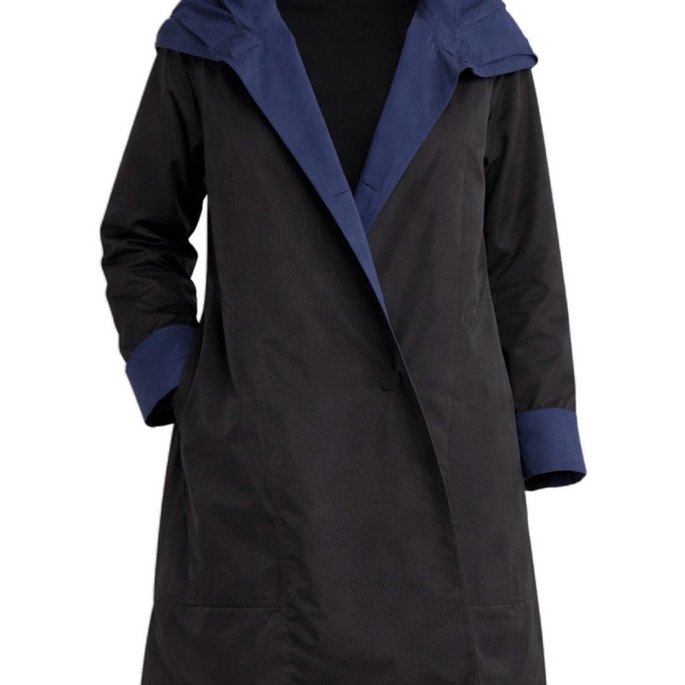 Eileen Fisher Black and Navy Reversible Trench Coat, Sz S